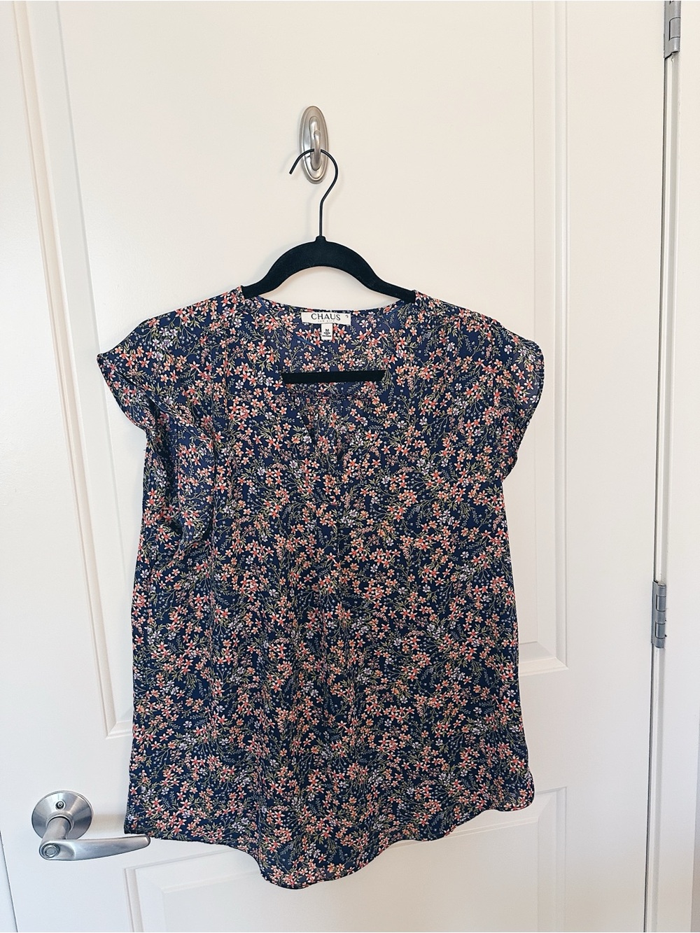 Chaus Navy Floral Cap-Sleeve Blouse with Pink Cream Blossoms